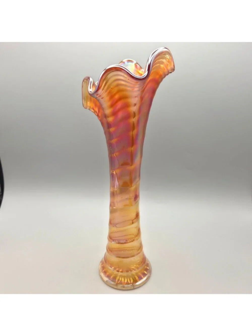 Vintage Imperial Ripple Carnival Glass Vase Ruffled Amber Iridescent Swung 11